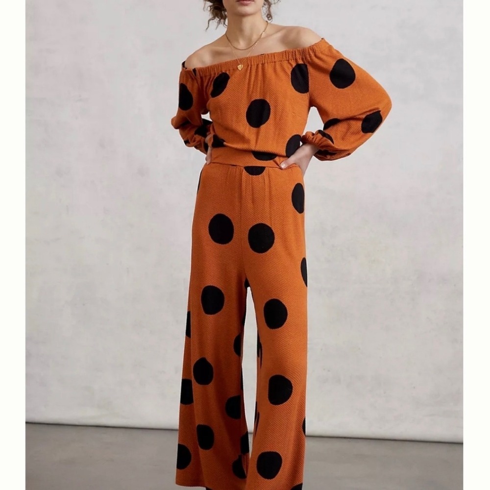 Farm Rio Mirana Jumpsuit XS polka dot off‎ shoulder wide leg resortwear boho